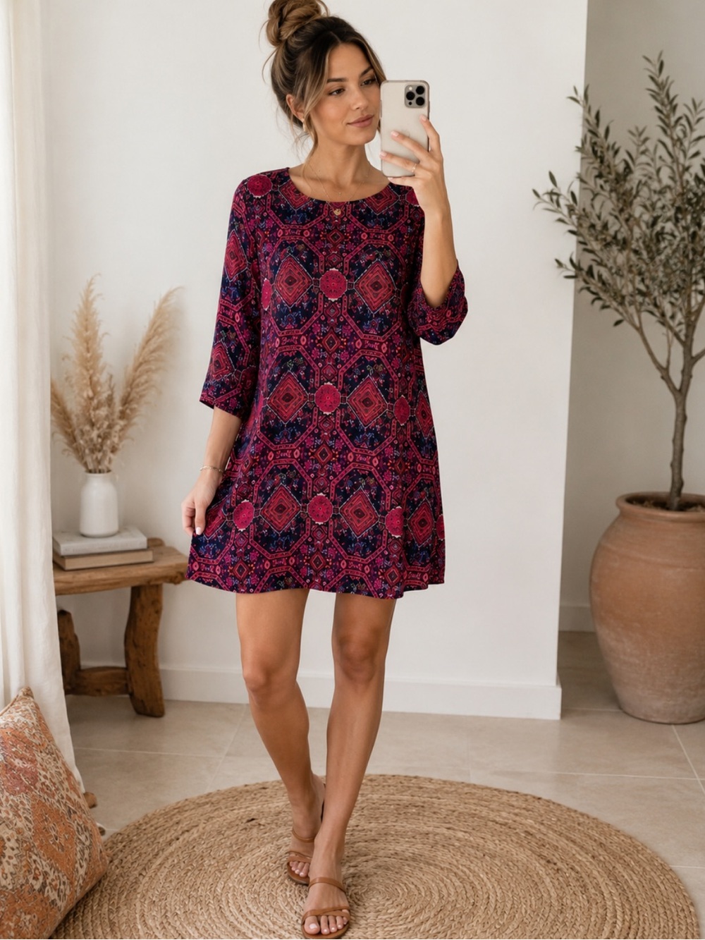 Anthro Everly 60’s Geometric Hippie Boho 3/4 Sleeve Lined Shift Dress Size L